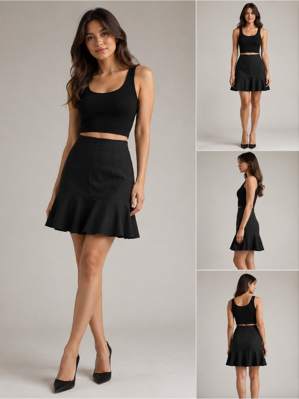 Akris Punto Black Flounce Hem Mini Skirt Size 10 Luxury Designer Drop Waist